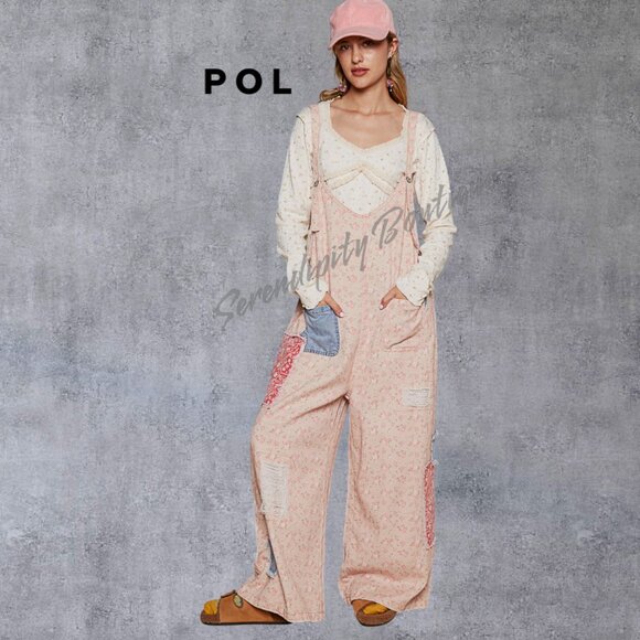 POL Farmers Suspender Overalls Wide Leg Floral Patchwork Denim Bib Overalls - Picture 2 of 11